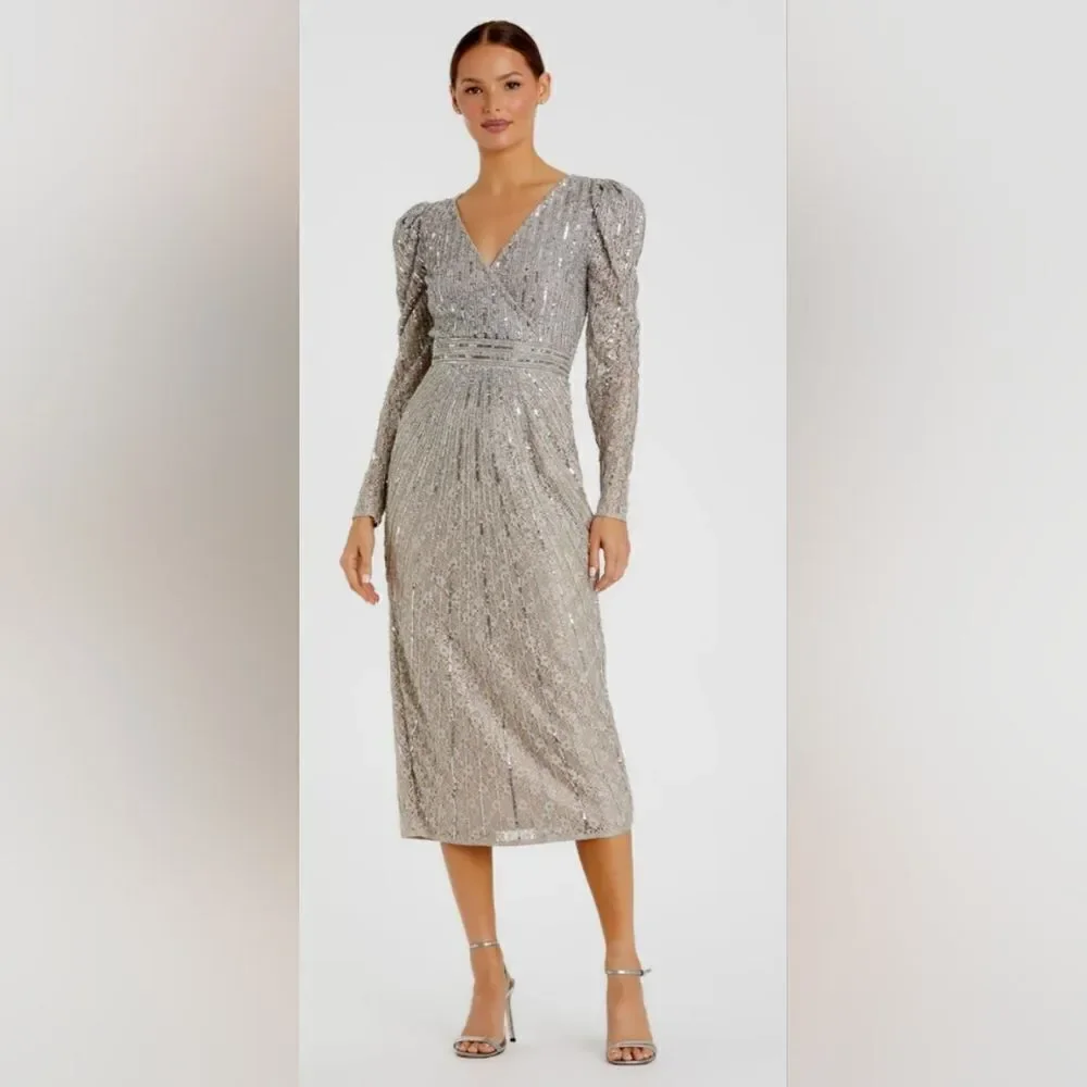 Mac Duggal 93676 Mac Gray Beaded Lace Long Sleeve Midi Dress NWT size 18 Taupe